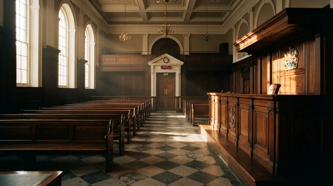 An empty courtroom with wooden benches in morning light
