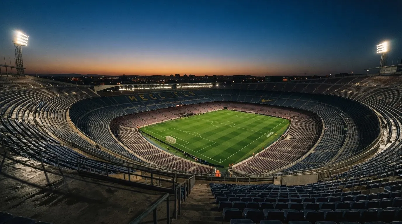An empty football stadium with floodlight masts at dusk