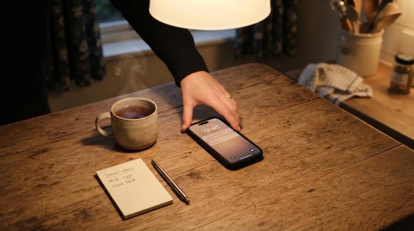 A hand setting a smartphone down beside a cup of tea on a kitchen table on a quiet evening