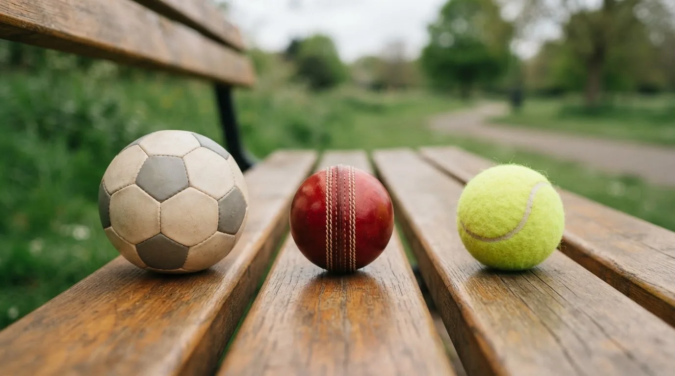 Three balls of different kinds side by side on a wooden bench