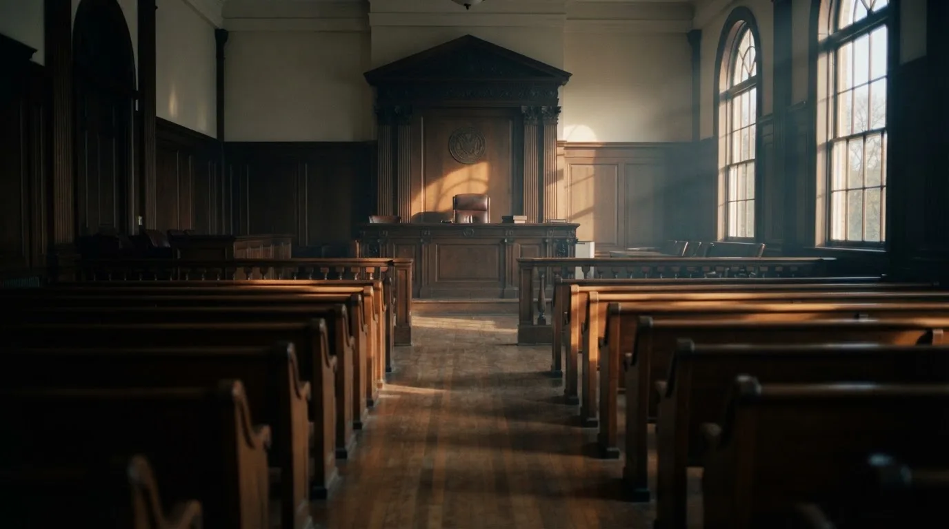 An empty courtroom with wooden benches in morning light