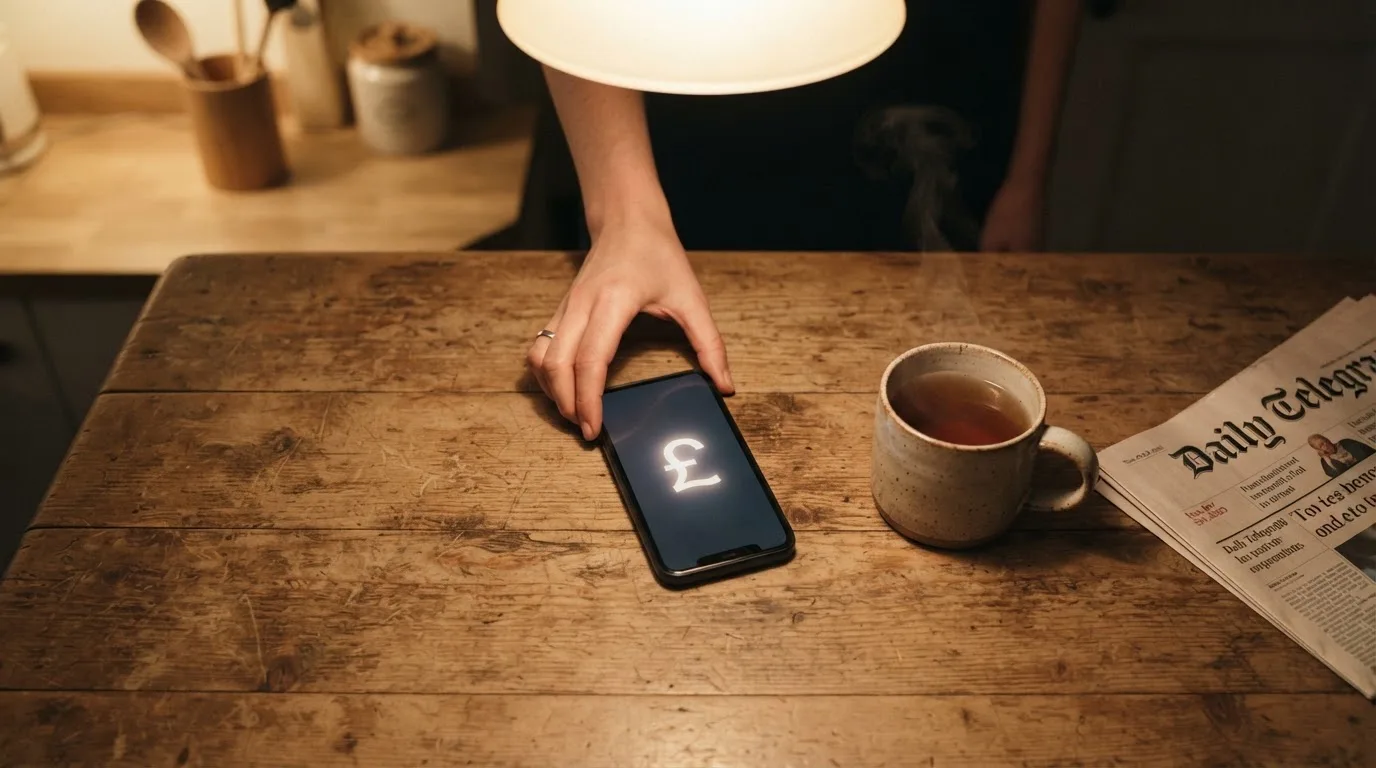 A hand setting a smartphone down beside a cup of tea on a kitchen table on a quiet evening