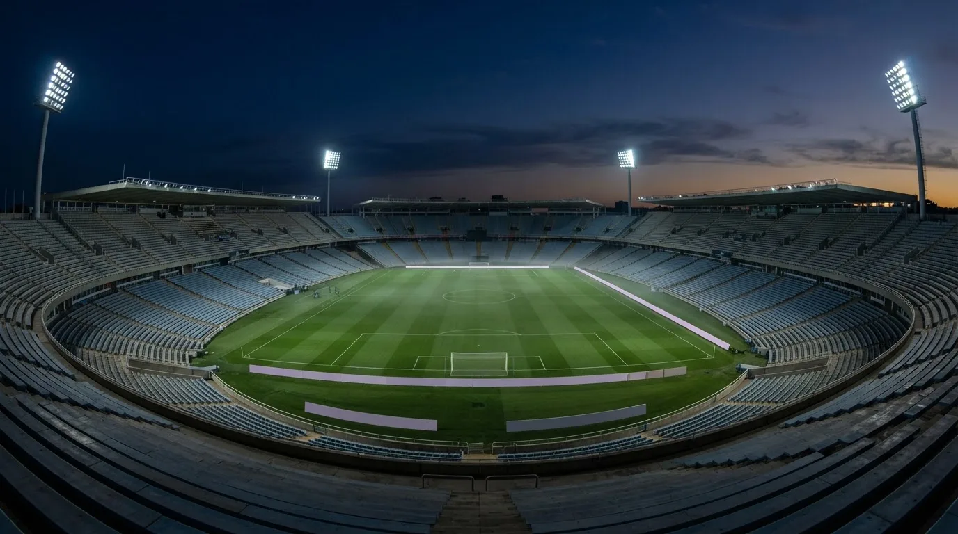 An empty football stadium with floodlight masts at dusk