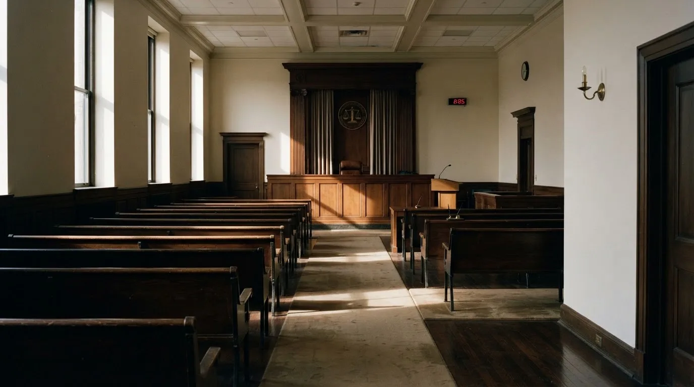 An empty courtroom with wooden benches in morning light