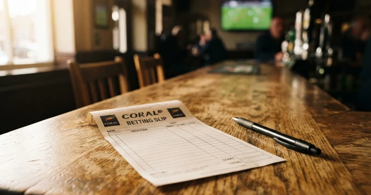 A blank paper betting slip beside a pen on a wooden counter