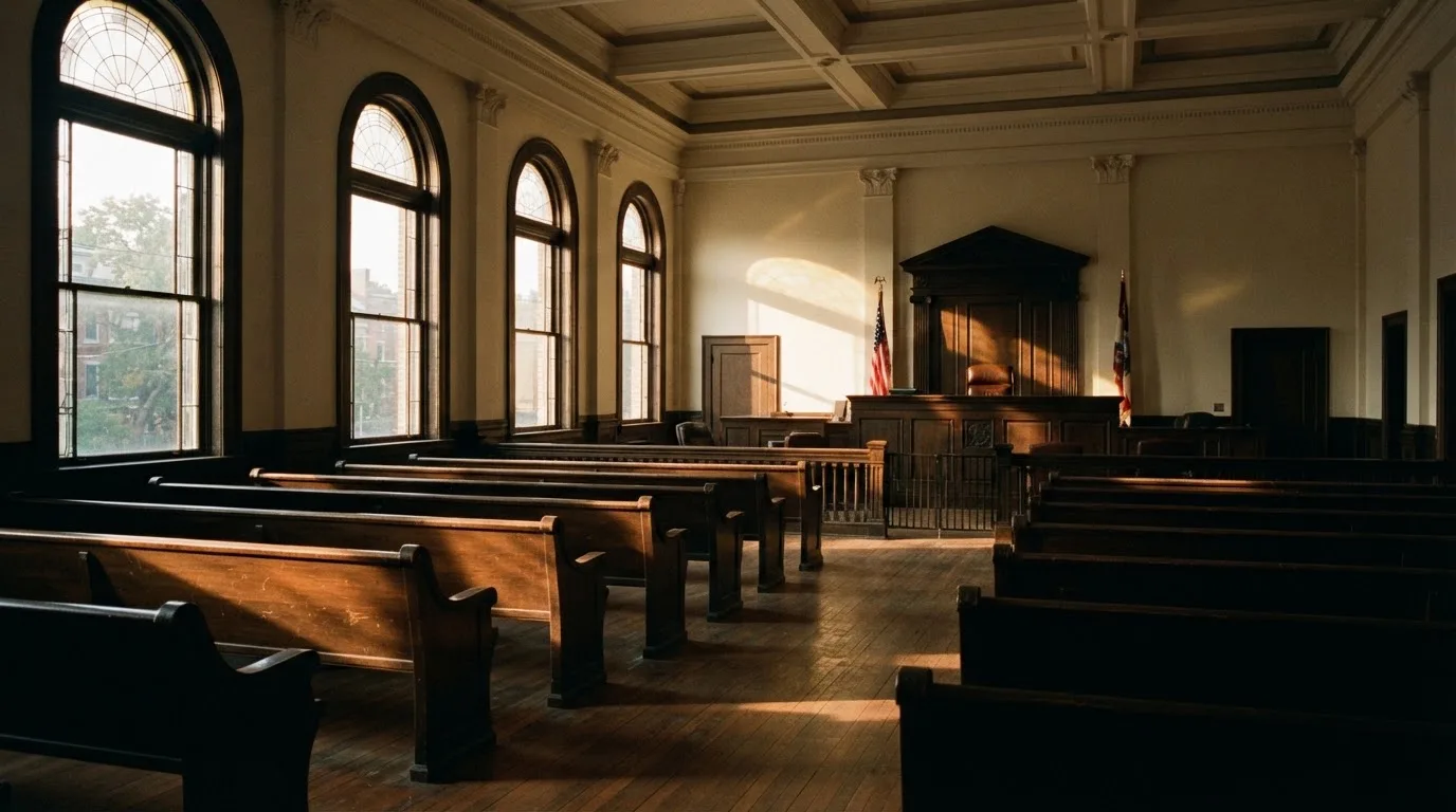 An empty courtroom with wooden benches in morning light