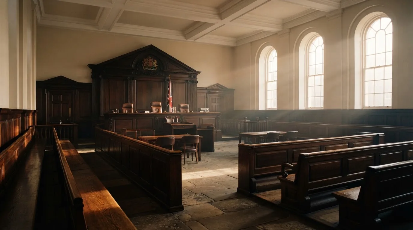 An empty courtroom with wooden benches in morning light