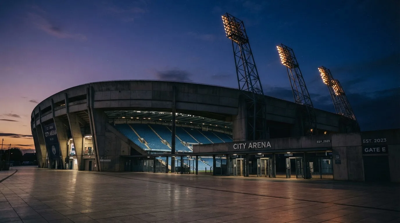 An empty football stadium with floodlight masts at dusk