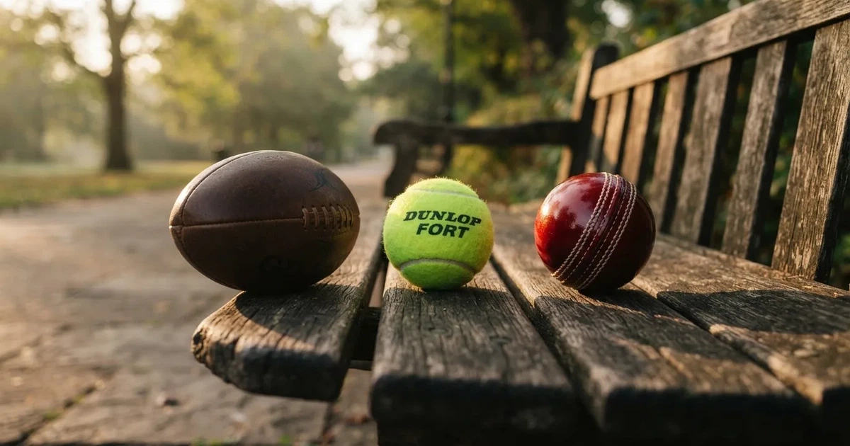 Three balls of different kinds side by side on a wooden bench
