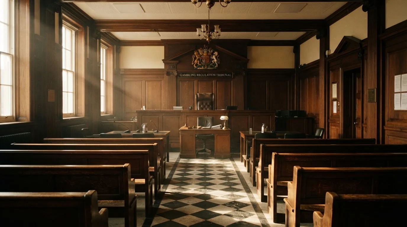 An empty courtroom with wooden benches in morning light