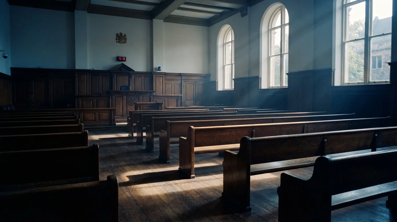 An empty courtroom with wooden benches in morning light
