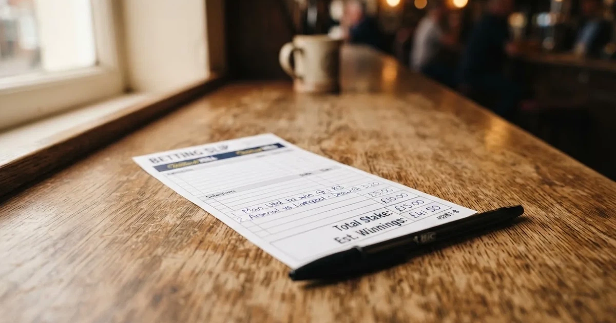 A blank paper betting slip beside a pen on a wooden counter