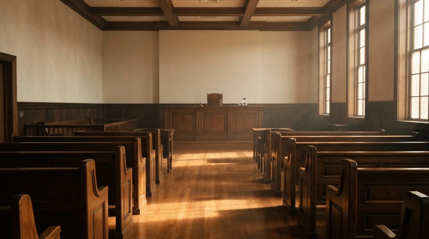 An empty courtroom with wooden benches in morning light
