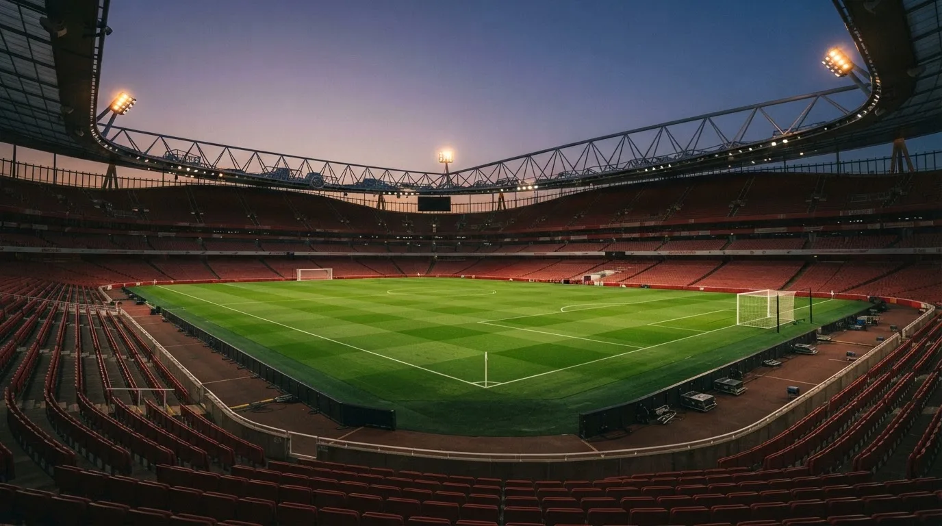 An empty football stadium with floodlight masts at dusk