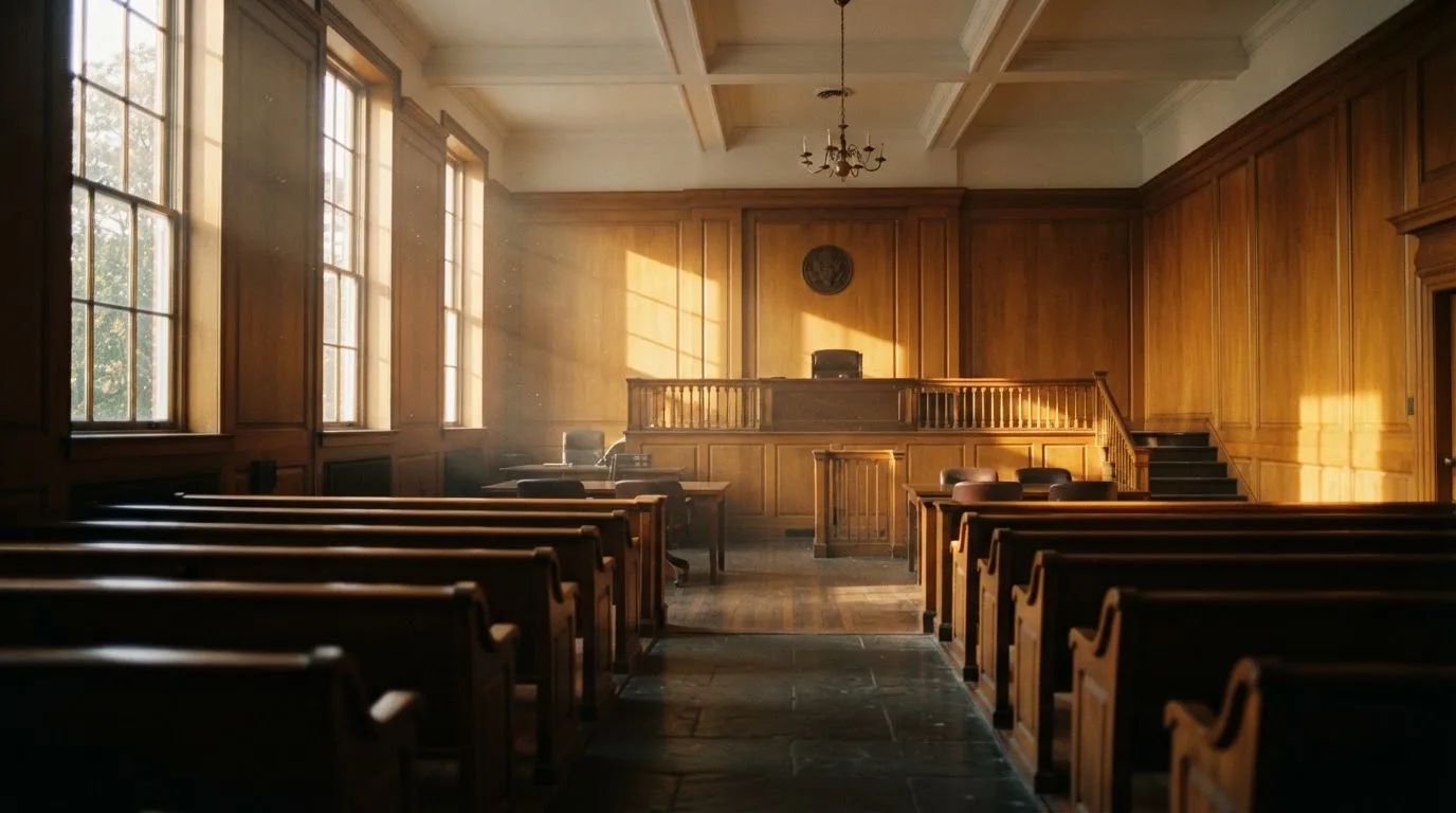 An empty courtroom with wooden benches in morning light
