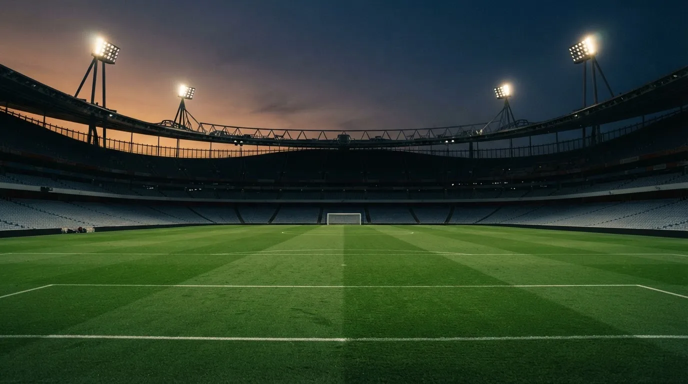 An empty football stadium with floodlight masts at dusk