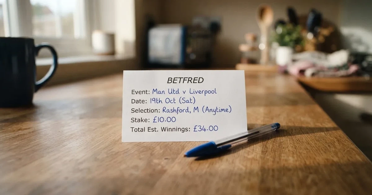 A blank paper betting slip beside a pen on a wooden counter