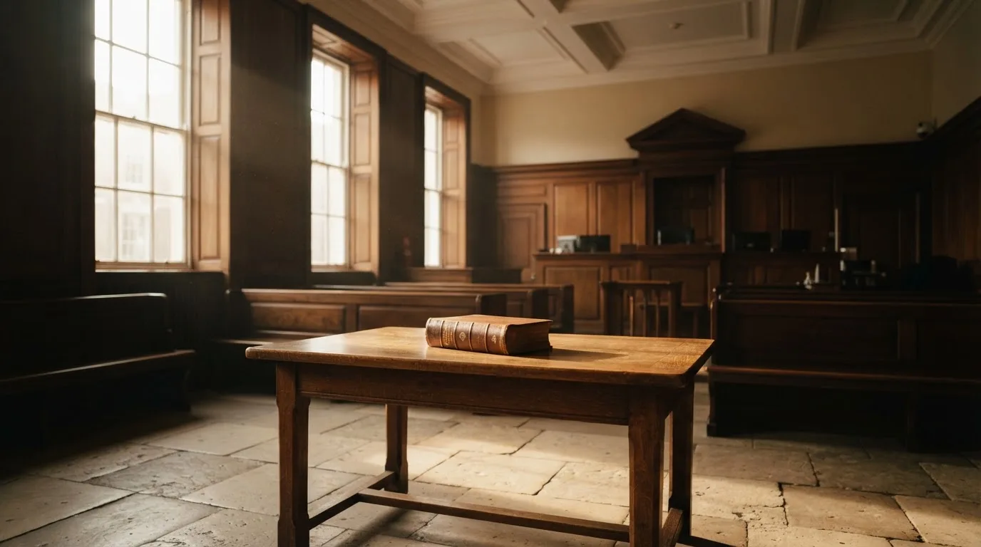 An empty courtroom with wooden benches in morning light