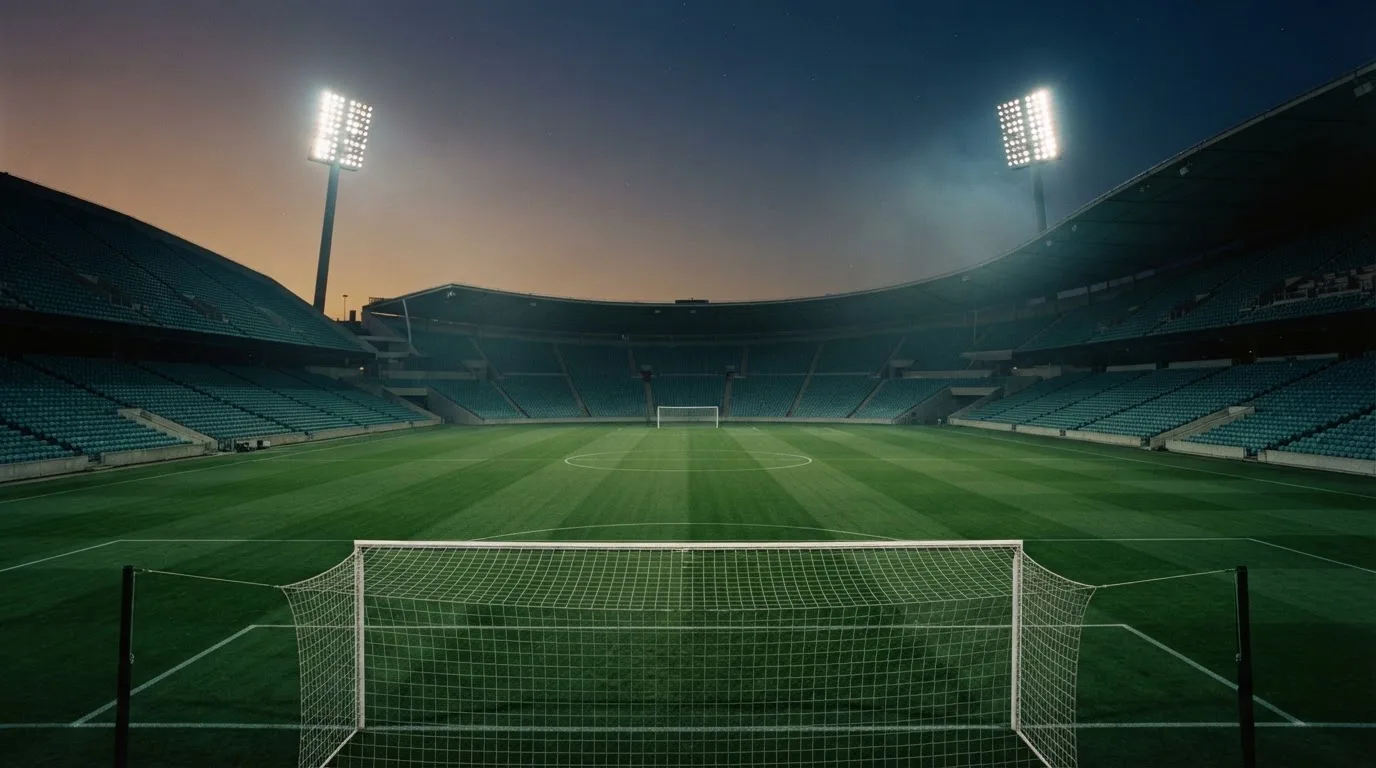 An empty football stadium with floodlight masts at dusk