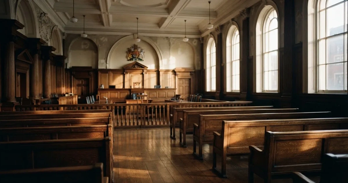 An empty courtroom with wooden benches in morning light