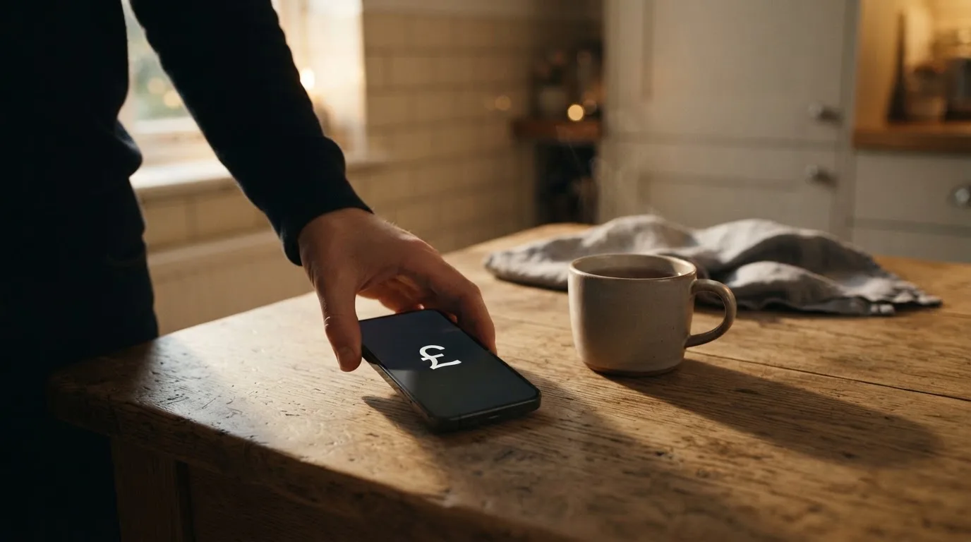 A hand setting a smartphone down beside a cup of tea on a kitchen table on a quiet evening