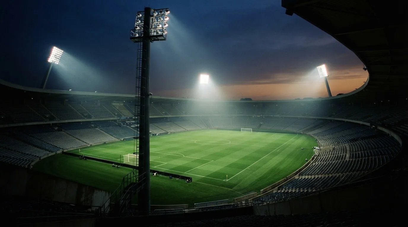 An empty football stadium with floodlight masts at dusk