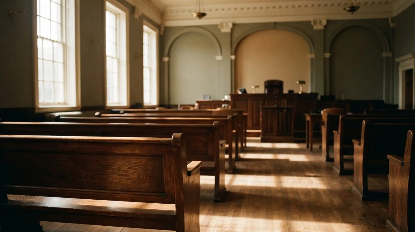 An empty courtroom with wooden benches in morning light