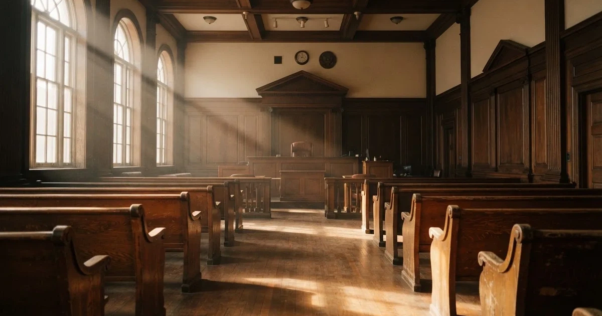 An empty courtroom with wooden benches in morning light