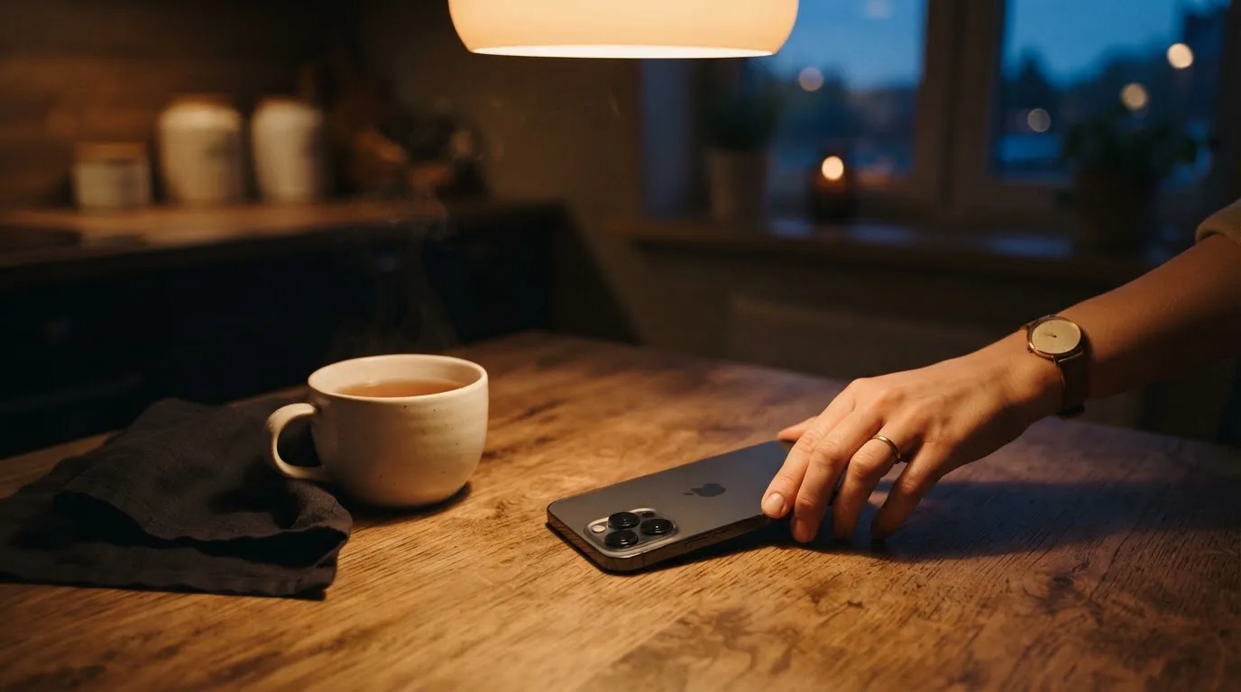 A hand setting a smartphone down beside a cup of tea on a kitchen table on a quiet evening