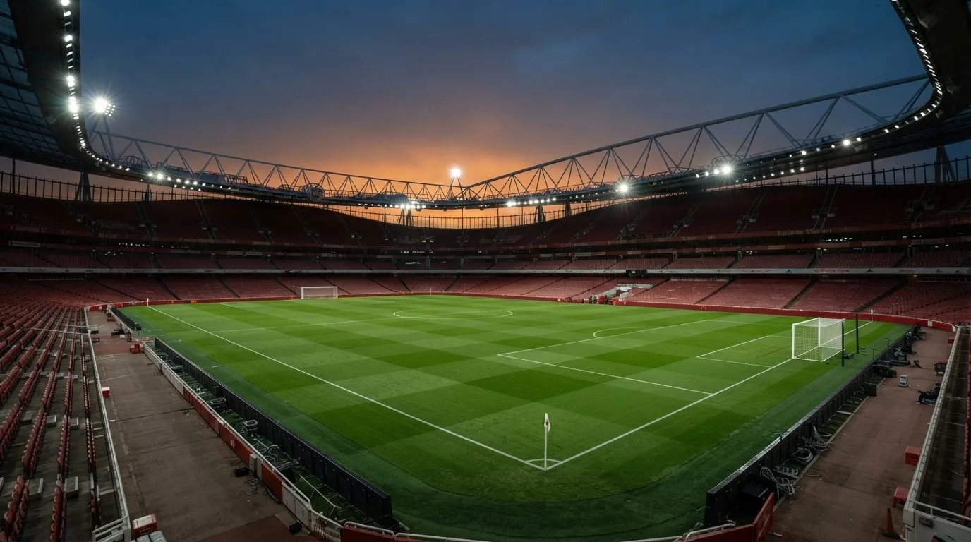 An empty football stadium with floodlight masts at dusk