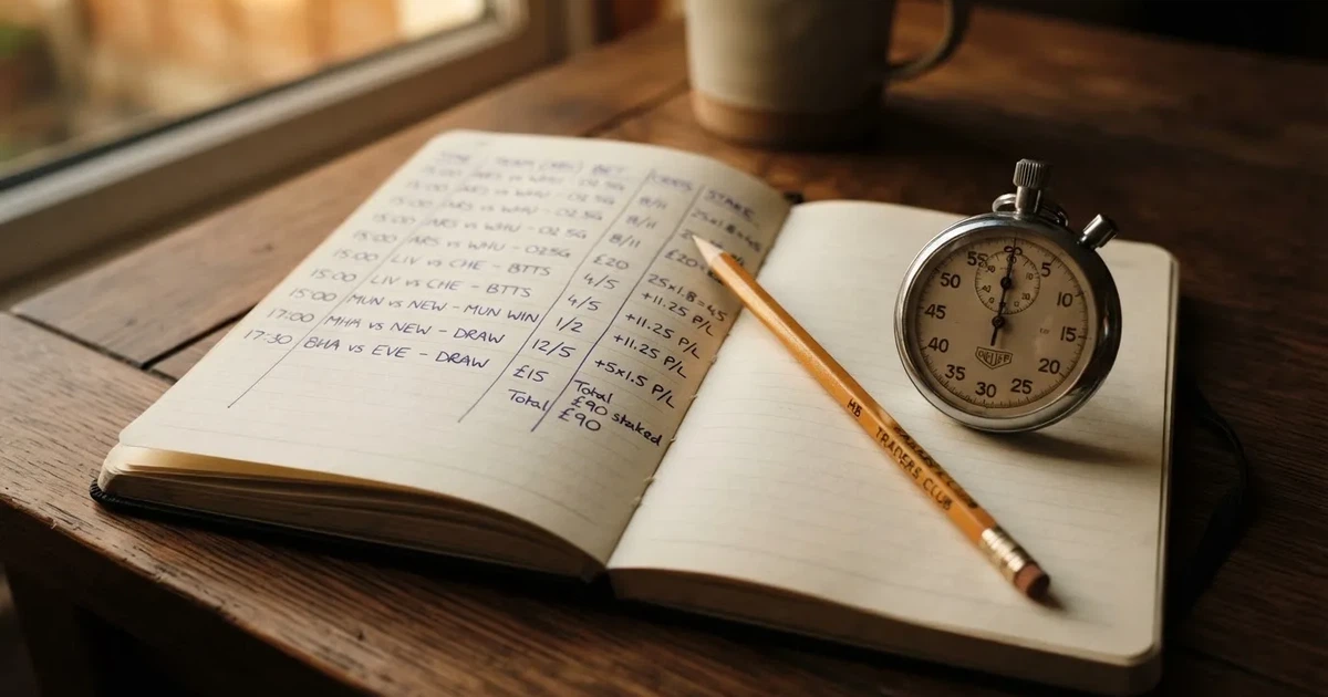 An open notebook with a pencil and a stopwatch on a wooden table
