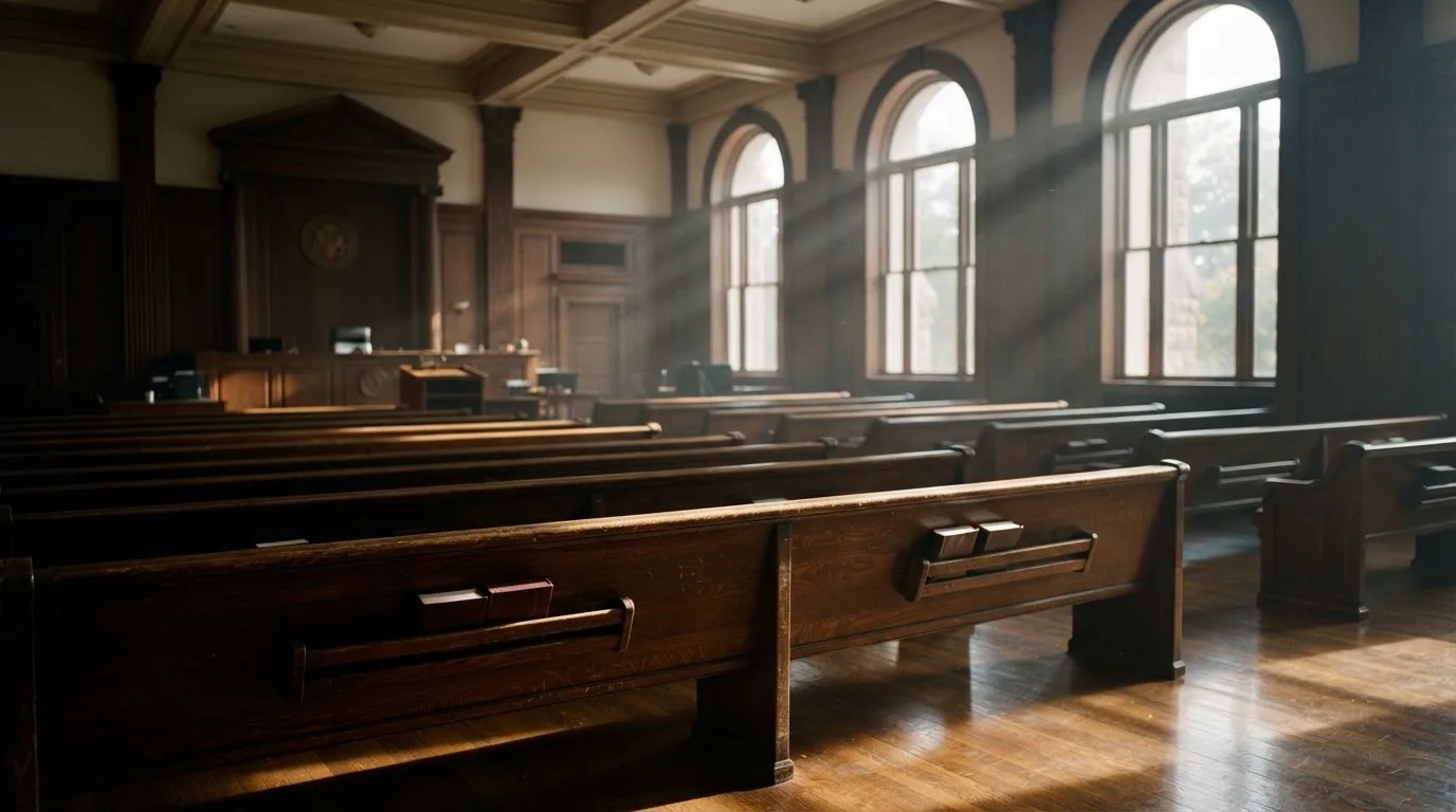 An empty courtroom with wooden benches in morning light