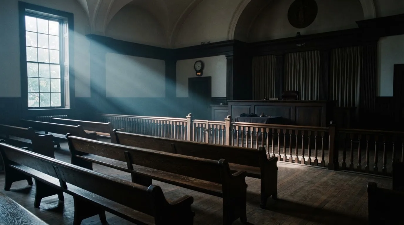 An empty courtroom with wooden benches in morning light