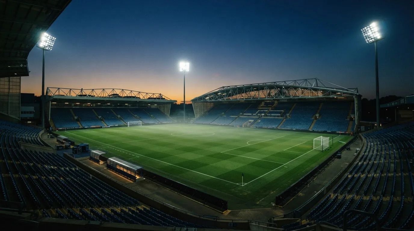 An empty football stadium with floodlight masts at dusk