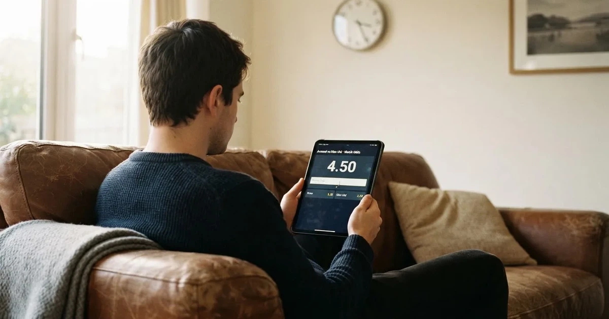 A person on a sofa looking thoughtfully at a tablet, a wall clock in the background