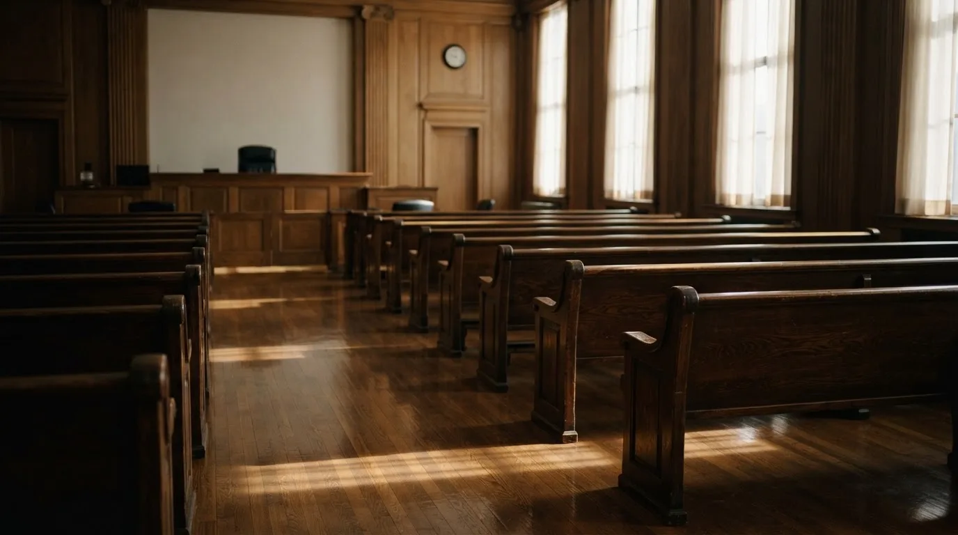An empty courtroom with wooden benches in morning light