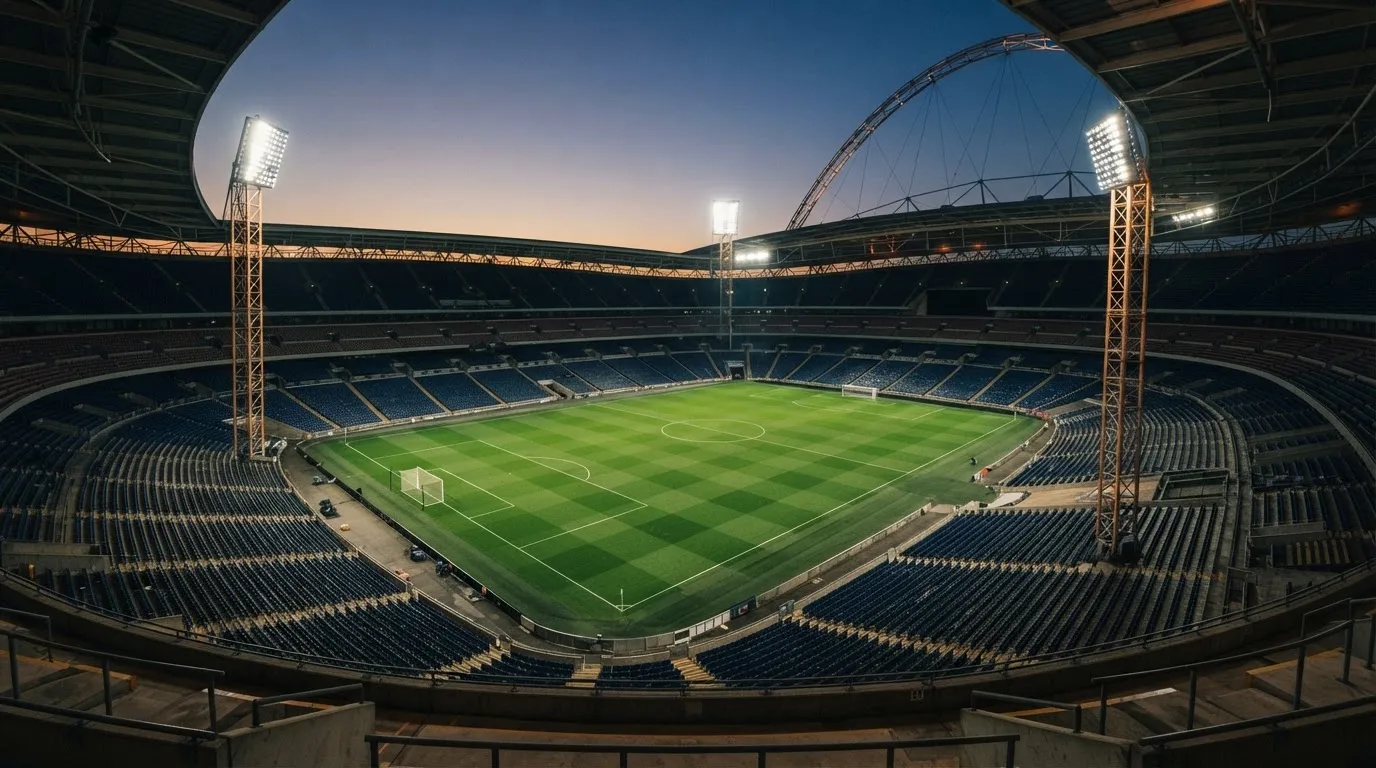 An empty football stadium with floodlight masts at dusk