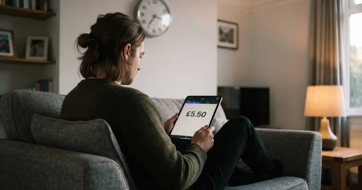 A person on a sofa looking thoughtfully at a tablet, a wall clock in the background