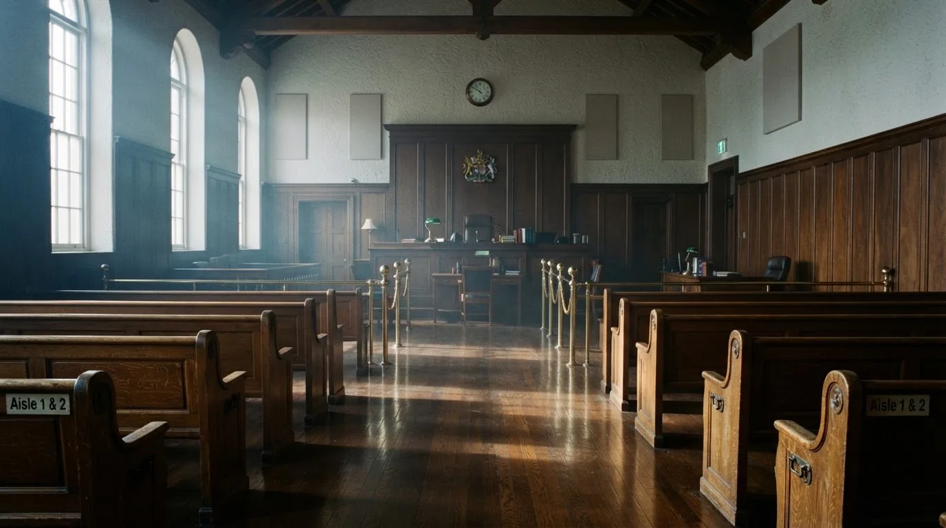An empty courtroom with wooden benches in morning light