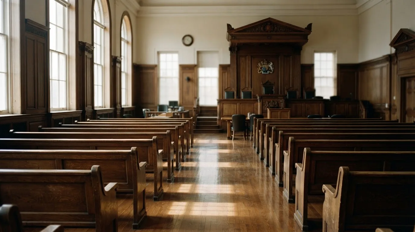 An empty courtroom with wooden benches in morning light
