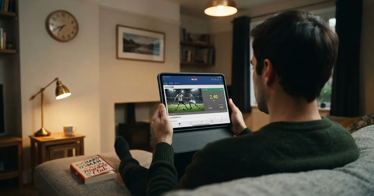 A person on a sofa looking thoughtfully at a tablet, a wall clock in the background