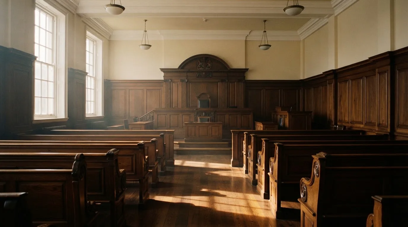 An empty courtroom with wooden benches in morning light