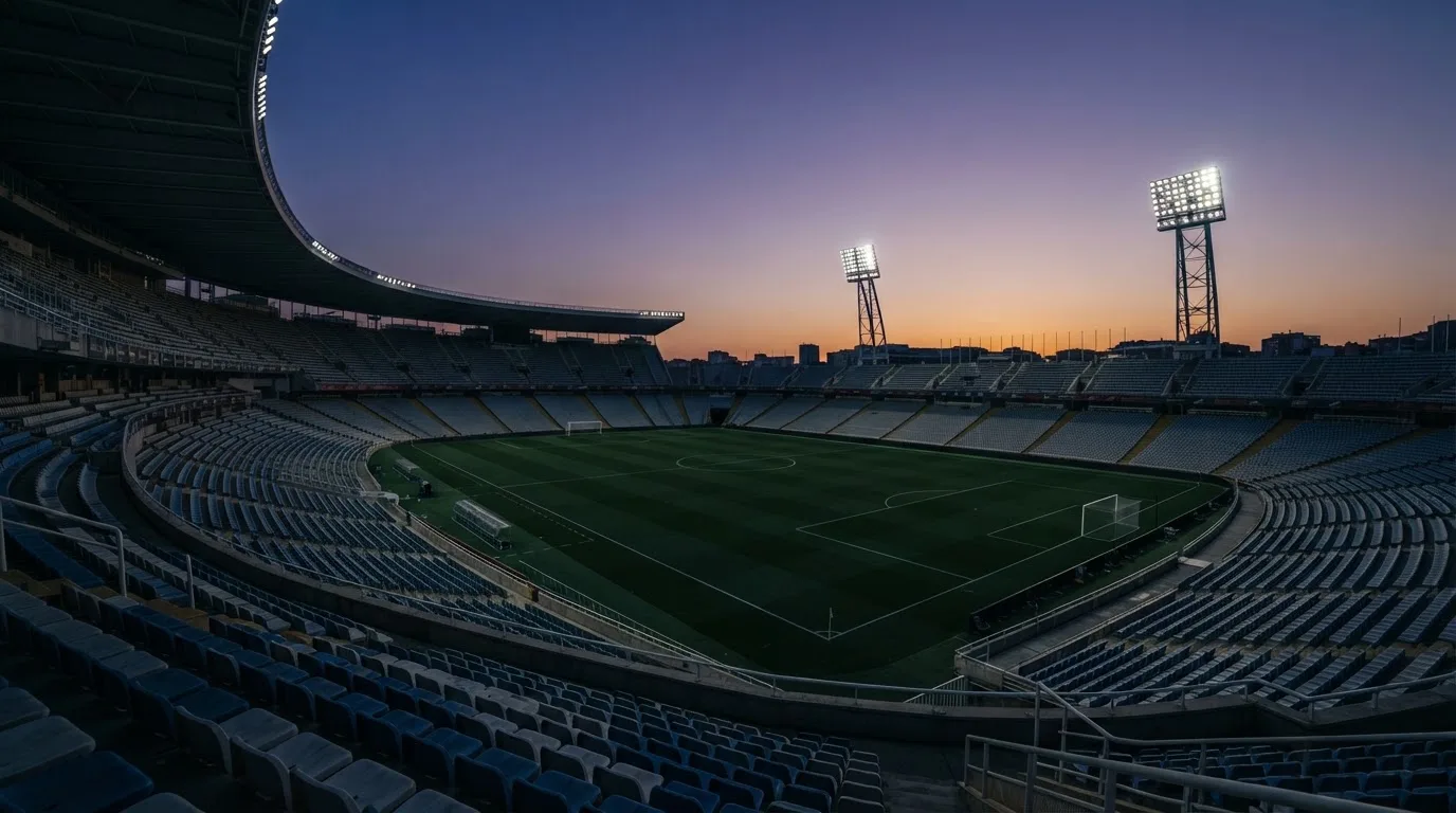 An empty football stadium with floodlight masts at dusk