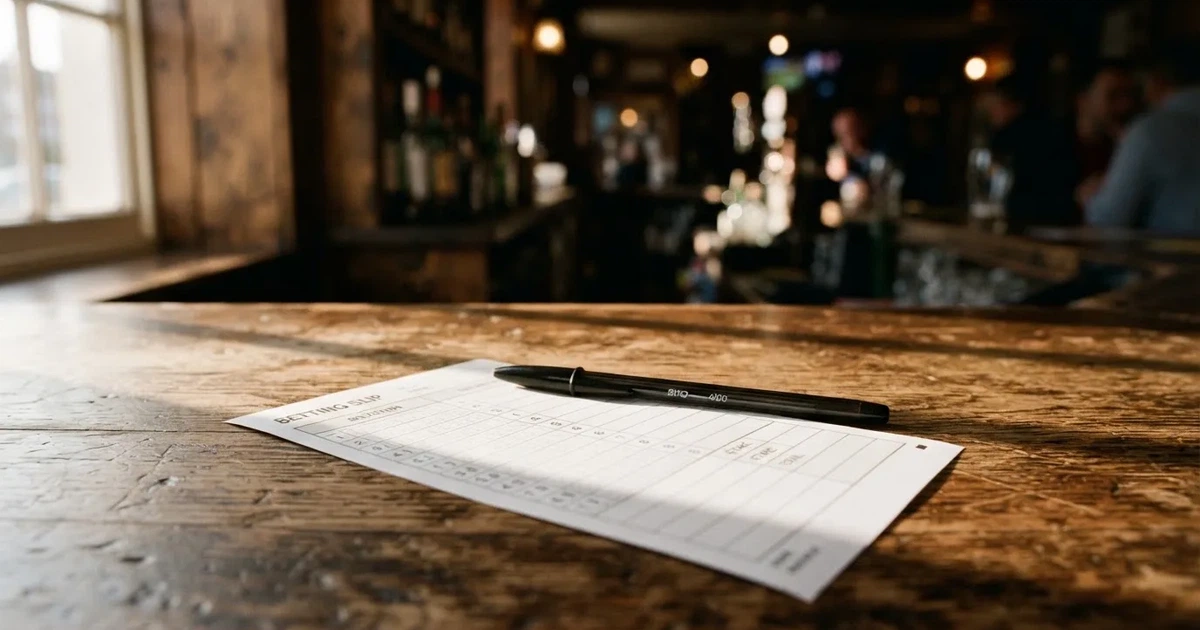 A blank paper betting slip beside a pen on a wooden counter