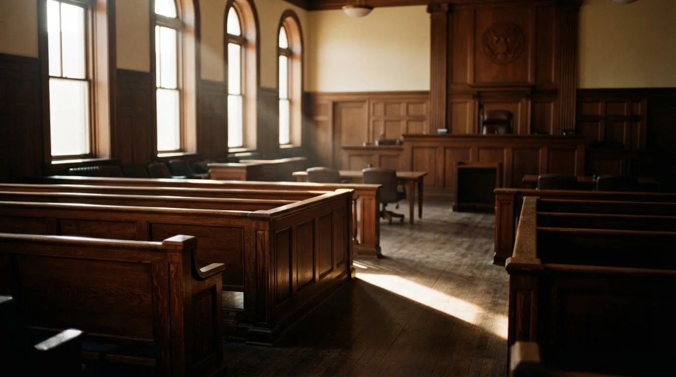 An empty courtroom with wooden benches in morning light