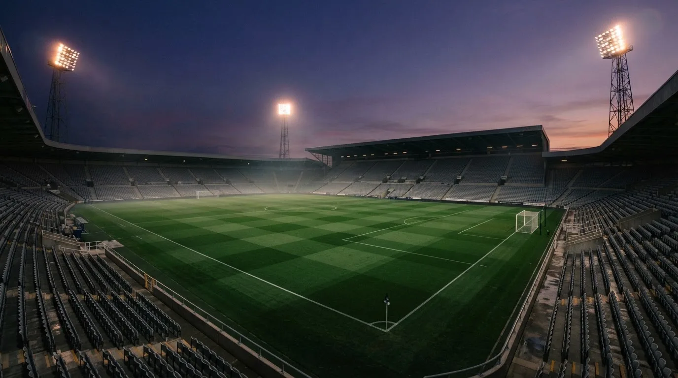 An empty football stadium with floodlight masts at dusk