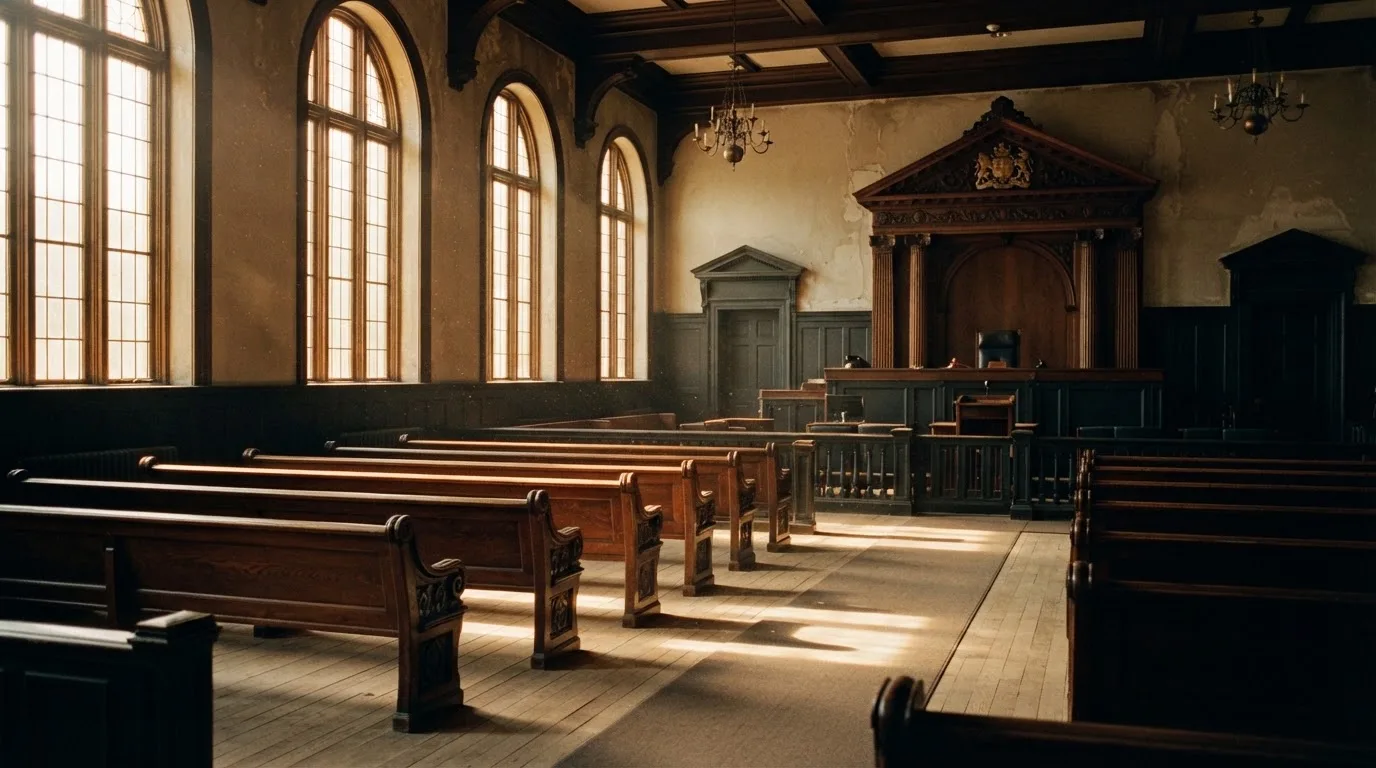 An empty courtroom with wooden benches in morning light