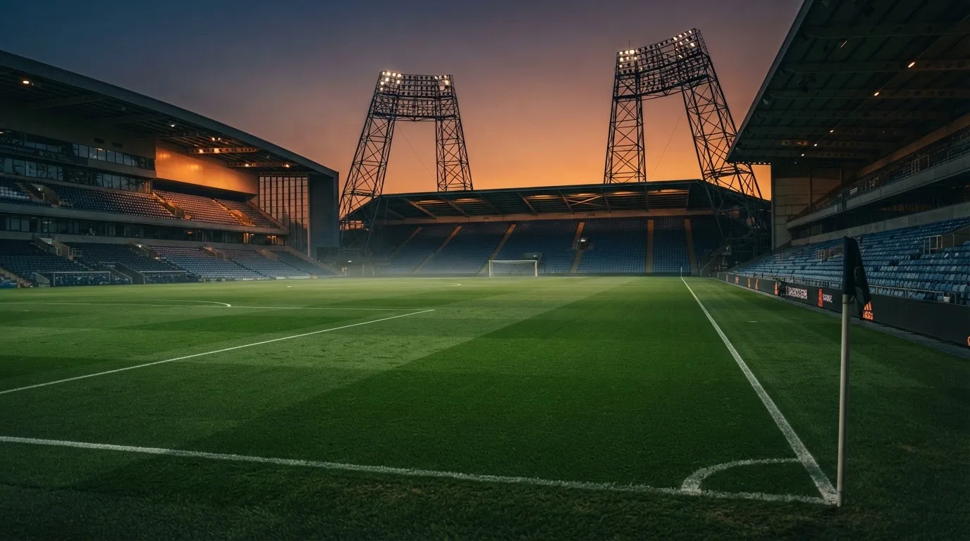 An empty football stadium with floodlight masts at dusk