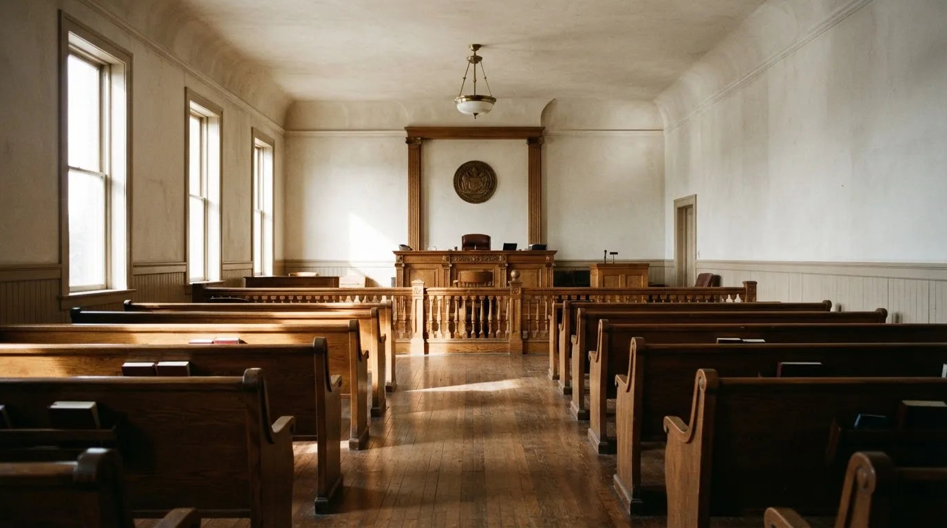 An empty courtroom with wooden benches in morning light