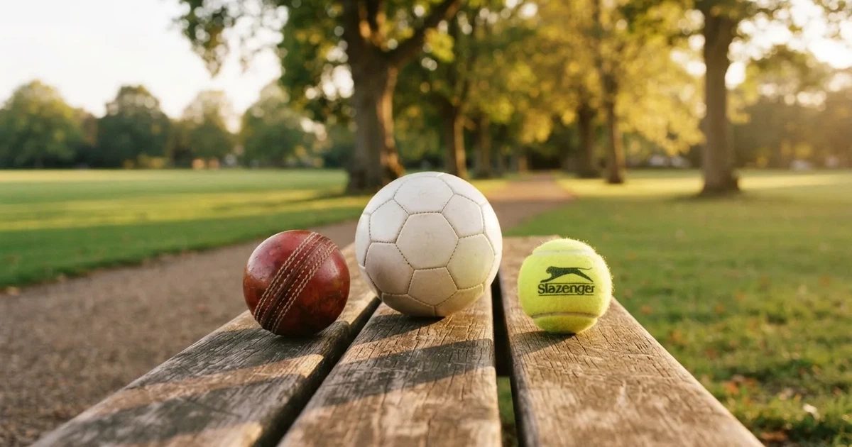 Three balls of different kinds side by side on a wooden bench